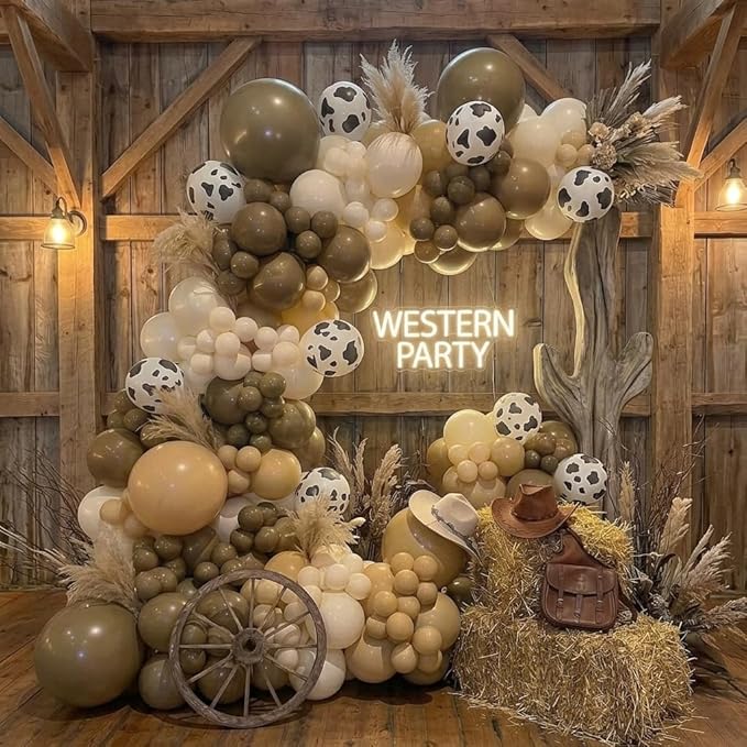 Western Cowboy Balloons Arch Kit - Brown Light Brown Nude Sand White Cow Print Different Size Balloons Garland Kit for Western Cowboy Farm Baby Shower Farm Animal Birthday Party Decorations