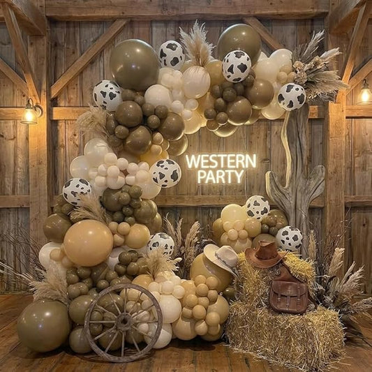 Western Cowboy Balloons Arch Kit - Brown Light Brown Nude Sand White Cow Print Different Size Balloons Garland Kit for Western Cowboy Farm Baby Shower Farm Animal Birthday Party Decorations