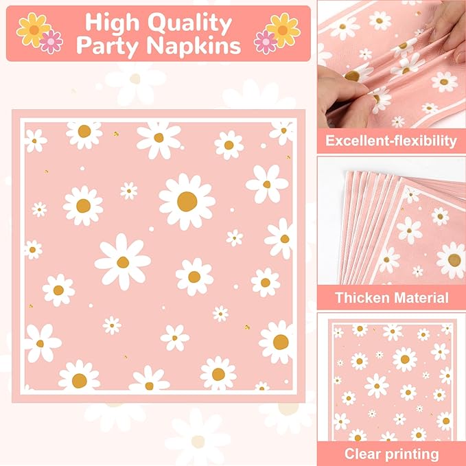 50 Guests Daisy Plates and Napkins Party Supplies Groovy Floral Party Decorations Disposable Tableware Set Pink One Two Groovy Birthday Dinnerware Favor for Summer Girls Wedding Baby Shower, 200PCS