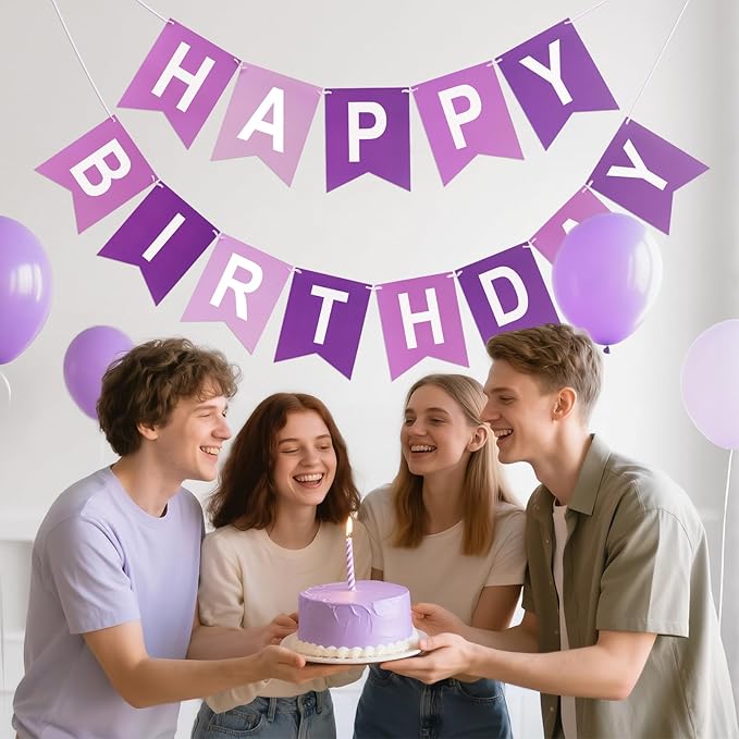 Happy Birthday Banner Birthday Party Banner NO DIY Happy Birthday Sign Pre-Strung Birthday Hanging Decoration for Women Men Girl Boy Party Supplies (Purple)