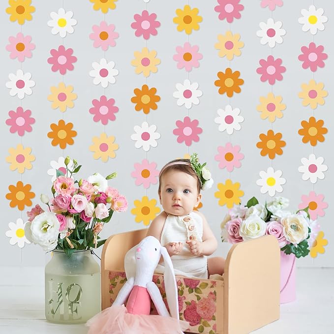 Pasimy 8 Pcs Daisy Boho Party Decorations Groovy Daisy Paper Garlands White Flower Hanging Garland Banner Hippie Flower Cutouts for Birthday Shower Wedding Party Favor Supplies(Groovy,Multicolor)