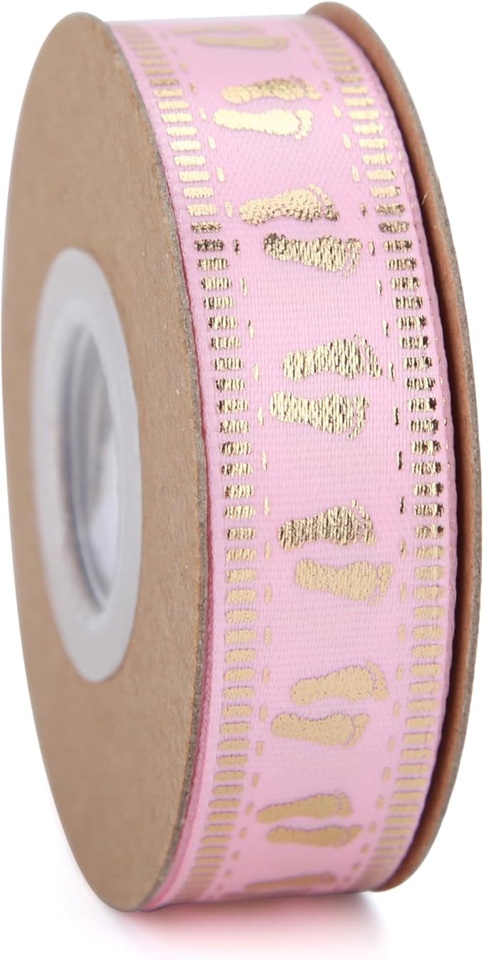 Meseey 20 Yards Baby Ribbon Foot Print Pink and Gold Ribbons for Crafts Cake Baby Shower Birthday,Gift Wrapping, Party Decoration (2 roll Pink)