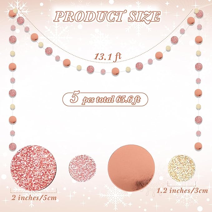 Outus 5 Pieces Rose Gold Round Dots Garland Graduation Party Hanging Decor Each Length 13.1ft Glitter Paper Dot Streamers for Birthday Wedding Classroom Supplies (Champagne)