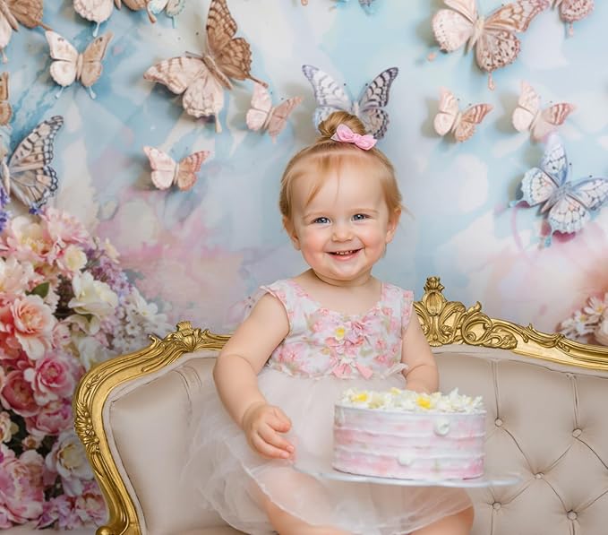 Kate Cake Smash Butterfly Wall Backdrop for Photography Pink Flowers Dreamworld Girls Birthday Party Background for Baby Shower (10x8ft)