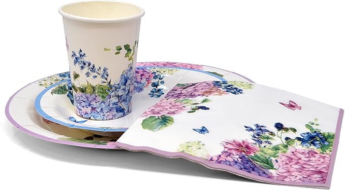 Gift Boutique Floral Hydrangea Party Supplies 7" Paper Plates Cups & Napkins Spring Flowers Baby Shower Bridal Tea & Birthday Disposable Set