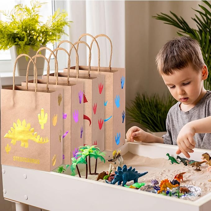 Pajean 24 Pcs Dinosaur Candy Bags with Handle, Dinosaur Party Favor Paper Bags Kids Gifts Goodie Treat Wrapping for Boys Girls Dino Theme Birthday Baby Shower Party Supplies(Lovely Style)