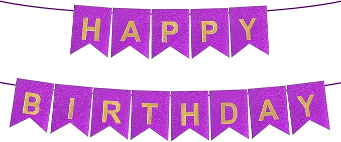 Purple Happy Birthday Banner - 16 ft Pre-Strung Gold Purple Birthday Party Decorations Sign for Girls, Boys, Kids, Women - No DIY Hanging Backdrop for Indoor & Outdoor Celebrations