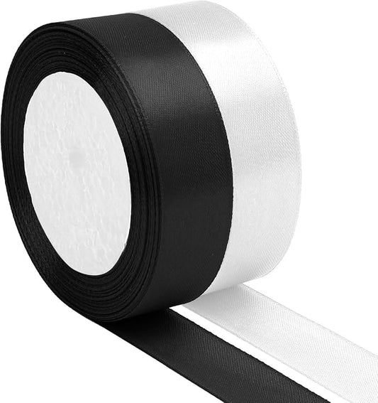 2 Rolls Black & White Ribbon - 1 Inch X 50 Yards - Silk Satin Ribbon for Bouquet, Arrangement & Halloween Decorations