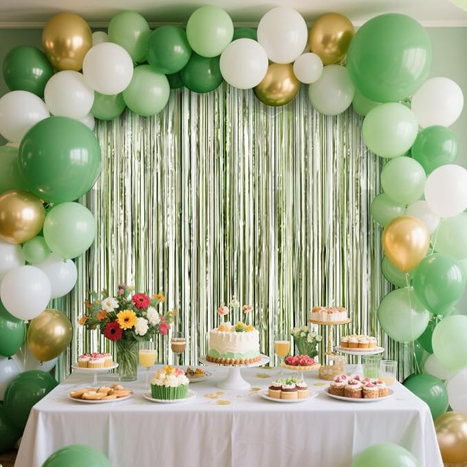 4 Packs Sage Green Foil Fringe Curtain, Light Green Glitter Metallic Tinsel Backdrop for Boho Birthday Wedding Bridal Baby Shower Engagement Martini Party Decorations Supplies