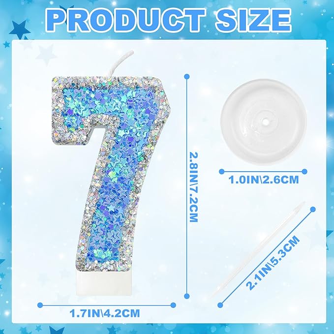 Blue Star Number 7 Candle for Cake Decoration, Glitter Star Cake Topper, Shaker Style Number Candle for Anniversary Celebration Party Supplies
