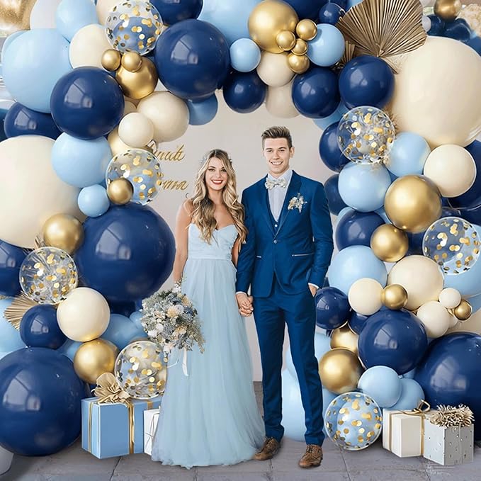 Navy Blue Gold Balloon Arch Kit,Dark Light Pastel Blue Sand White Beige Chrome Gold with Confetti Balloons Garland for Birthday Graduation Wedding Bridal Shower Party Decorations