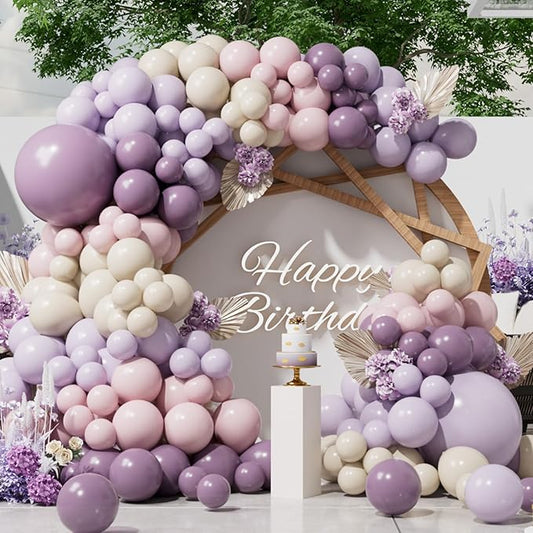 SUWEN 153Pcs Dusty Purple Balloons Arch Kit Garland Different Sizes of 18 10 5 Inch Light Pastel Pink and Lavender Purple Sand White Latex Balloons for Birthday Party Decorations