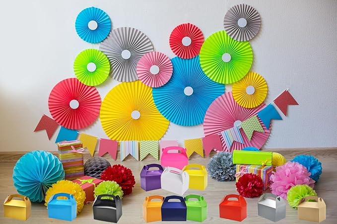 The Dreidel Company Gable Treat Boxes, Party Favor Boxes for Kids Birthday, Candy Boxes Party Favors, Weddings Events, Baby Shower, 6.25" x 3.5" x 3.5" Inch Box (Multi-Color Treat Box) (96-Pack)