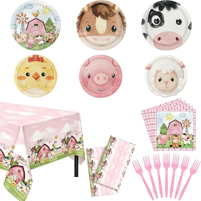 Farm Animals Party Supplies for 36 Guests, 146PCS Disposable Party Tableware Set with Paper Plates, Napkins, Forks and Tablecloths for Kids Birthday Party and Baby Shower