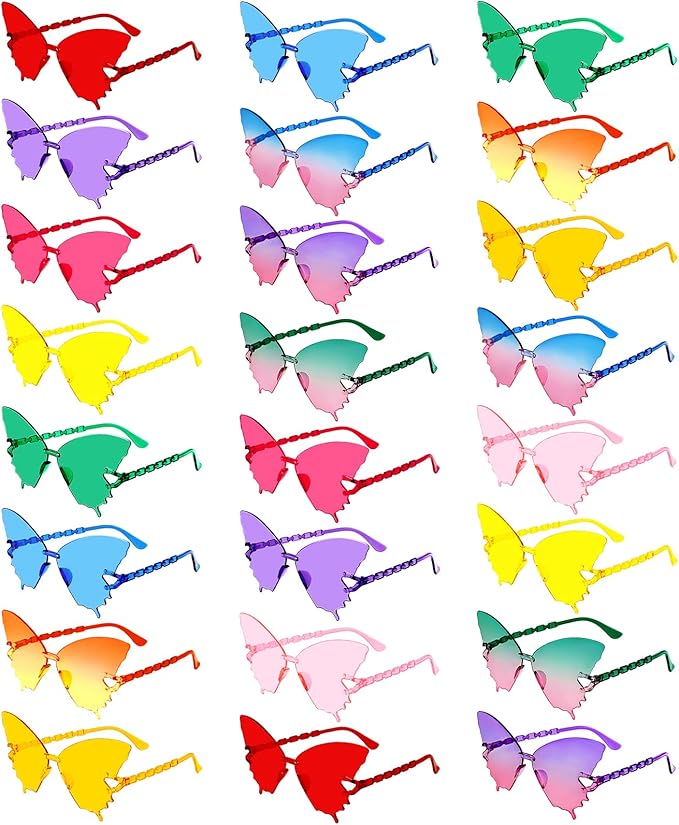 SUNOVELTIES 24/48 Pack Colored Party Glasses Bulk Butterfly Rimless Sunglasses Irregular Transparent Fun Glasses for Adult