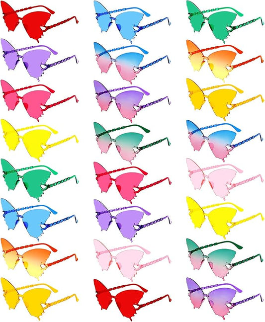 SUNOVELTIES 24/48 Pack Colored Party Glasses Bulk Butterfly Rimless Sunglasses Irregular Transparent Fun Glasses for Adult