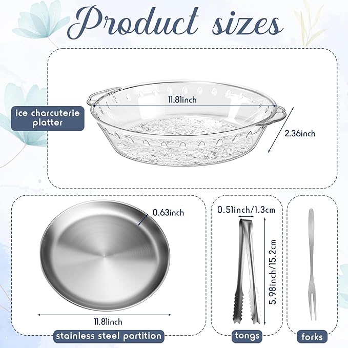 Baderke 6-Pack 11.8" Chilled Serving Tray Set with Ice Underneath, Stainless Steel Clip, Fruit Fork; Modern Round Iced Platter for Parties, Shrimp Cocktail, Oysters, Crawfish, Fruits