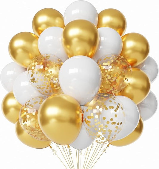 White and Gold Latex Balloons, 60pcs 12 Inches Metallic Gold and White Confetti Balloons with 1 Ribbon for New Year, Birthday, Baby Shower Party Decorations