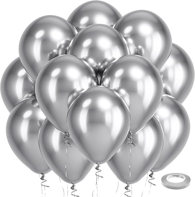 Bezente Silver Metallic Chrome Latex Balloons, 100 Pack 12 inch Silver Round Helium Balloons for Graduation Wedding Retirement Bridal Shower Birthday Bachelorette Engagement Party Decorations