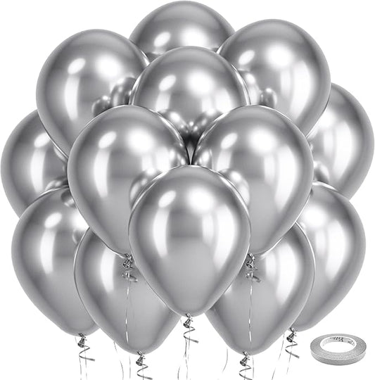 Bezente Silver Metallic Chrome Latex Balloons, 100 Pack 12 inch Silver Round Helium Balloons for Graduation Wedding Retirement Bridal Shower Birthday Bachelorette Engagement Party Decorations