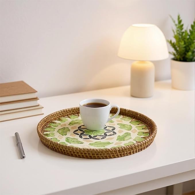 Round Rattan Tray with Mother of Pearl Inlay, Handwoven Wicker Coffee Table Serving Basket Tray for Fruit Snack Party Picnic Cafe Bedroom Kitchen Home Decor Set of 2 (Green Lucky Leaf)