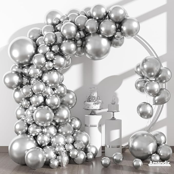 Amandir 153pcs Metallic Silver Balloons Arch Garland Kit Different Sizes 18 12 10 5 Inch Latex Chrome Silver Balloon Birthday Wedding Bachelorette Disco New Year Holiday Party Decorations