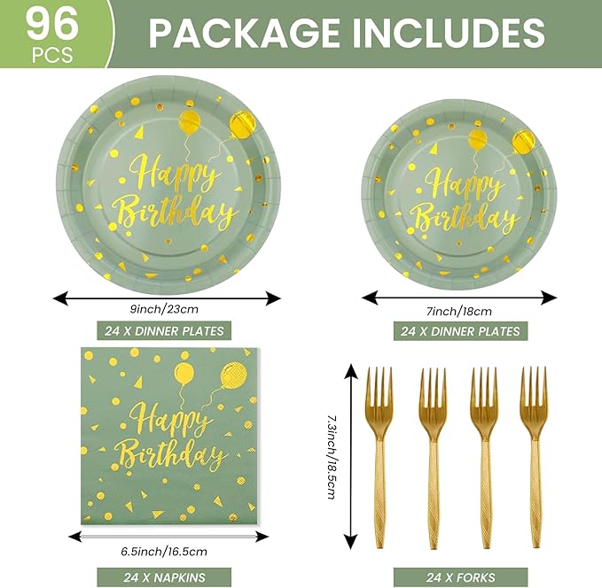 96PCS Happy Birthday Plates and Napkins Party Supplies, Sage Green and Gold Disposable Paper Plates and Napkins with Forks Tableware Set for Birthday Party Decorations 24 Guests (Birthday Sage Green)
