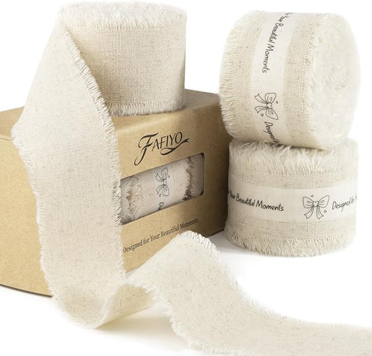 Linen Cotton Ribbon 1-1/2 Inch Linen 3 Rolls 21 Yards Frayed Edge Fabric Set for Rustic Wedding Decor, Bridal Bouquet Wrap, Farmhouse Decor, Table Setting & Gift Wrapping