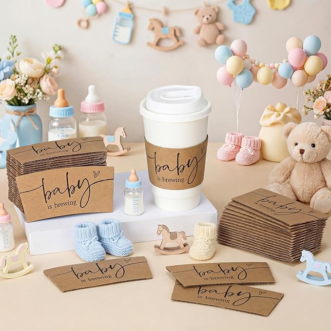 Newtay 50 Counts Baby Is Brewing Coffee Sleeves, Disposable Kraft Paper Cup Sleeves for Baby Shower, Gender Reveal, Halloween Party Decorations, Fits 12 16 or 20 oz Hot Cold Drinks Paper Cup(Rustic)