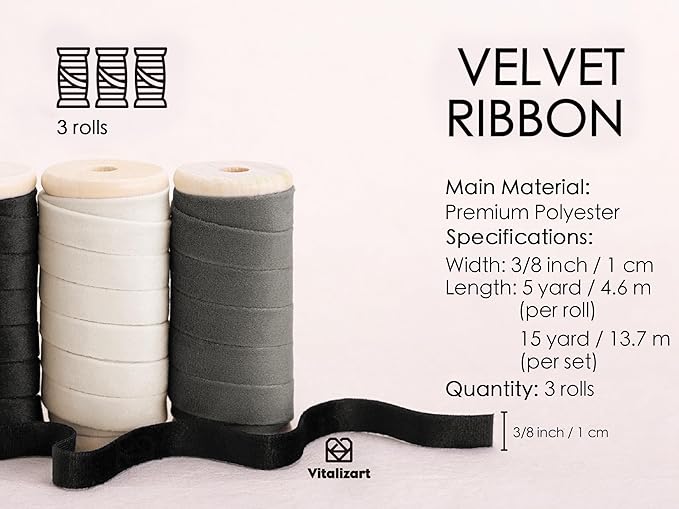 Vitalizart Velvet Ribbon Black White Set 3/8" x 15 Yd Wooden Spool Fabric Trim 3 Rolls * 5 Yd for Christmas Wreath Decoration Handmade Craft Ornaments Gift Wrapping & Bow Making