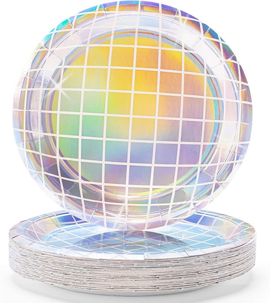 FunisFun Disco Ball Plates 25P Disposable Plates for 70s Disco Party Decorations Wedding Birthday Bachelorette Party 9" Multicolor
