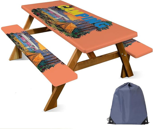 ANNA QUEEN Brand 6-Foot Camping Outdoor Picnic Table Cover, Includes Bench Cover, 3-piece Picnic Table Cover Set, 72 inches x 30 inches, Camping Outdoor Bench and Tablecloth Furniture Protection.