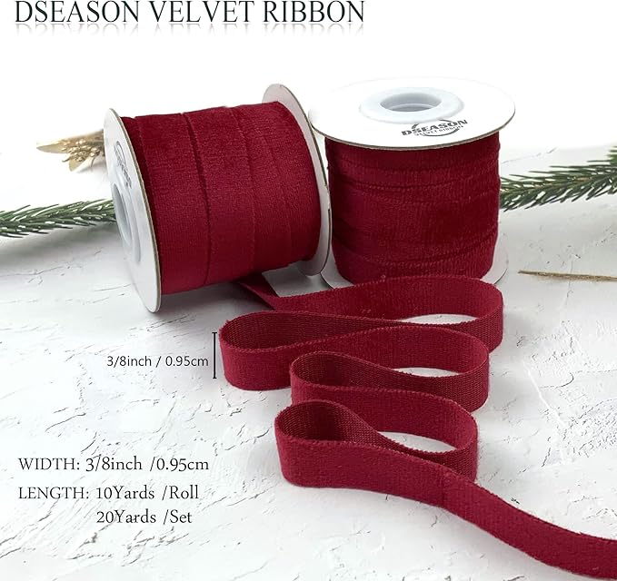 Velvet Ribbon Set 3/8" x 10 Yards, 2 Rolls 20 Yards, Dseason Handmade Christmas Red Velvet Ribbon Set for Gift Wrapping & Bow Making, Christmas Tree, Wreath Decoration, DIY Crafts Decoration