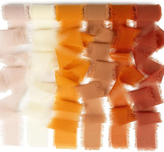 Terracotta Chiffon Ribbon Fall Ribbon 1.5 Inch x 3Yds Burnt Orange/Rust/Gold/Brown/Ivory/Beige Handmade Fringe Chiffon Silk Ribbon for Wedding Invitation Flower Bouquets Gift Wrapping Bridal Shower