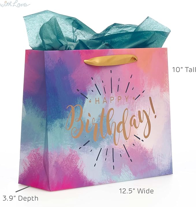 WITH LOVE Happy Birthday Women's Large Gift Bag Set w/Card & Tissue Paper Blue Pink Purple Watercolor Design for Her Birthday Inspirational Gift Wrap Bag, Landscape 10" x 12.5" x 3.9"