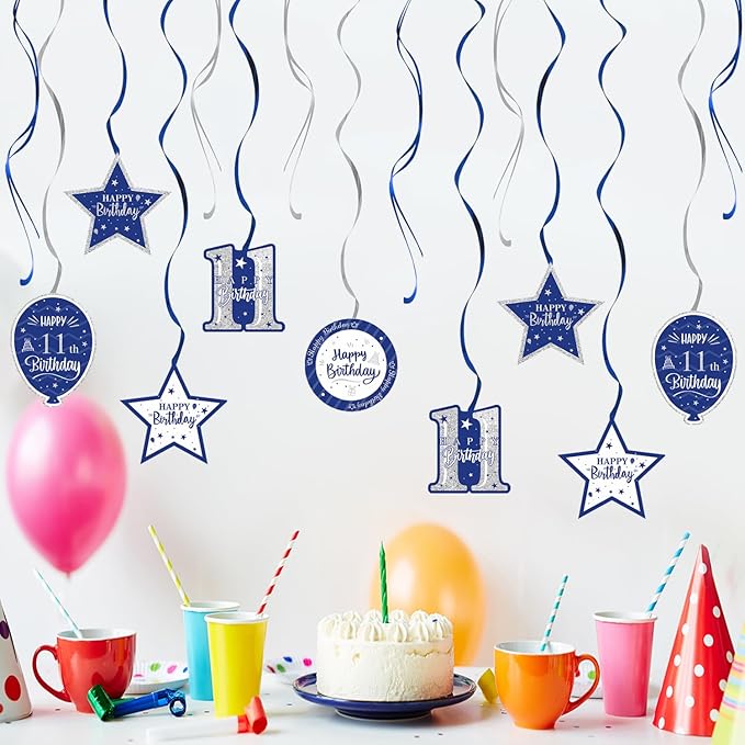 Happy 11th Birthday Blue & Silver Glitter Swirls Streamers Party Decorations - 15 Pcs 11th Birthday Hanging Swirls Streamers Kit,Cheers to Eleven Years Old Bday Party Sign.