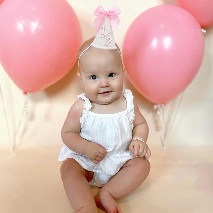 Pink Bow 1/2 Birthday Hat- Pink half Birthday hat, Princess 1st Birthday Supplies,Half Birthday Decorations for Girls