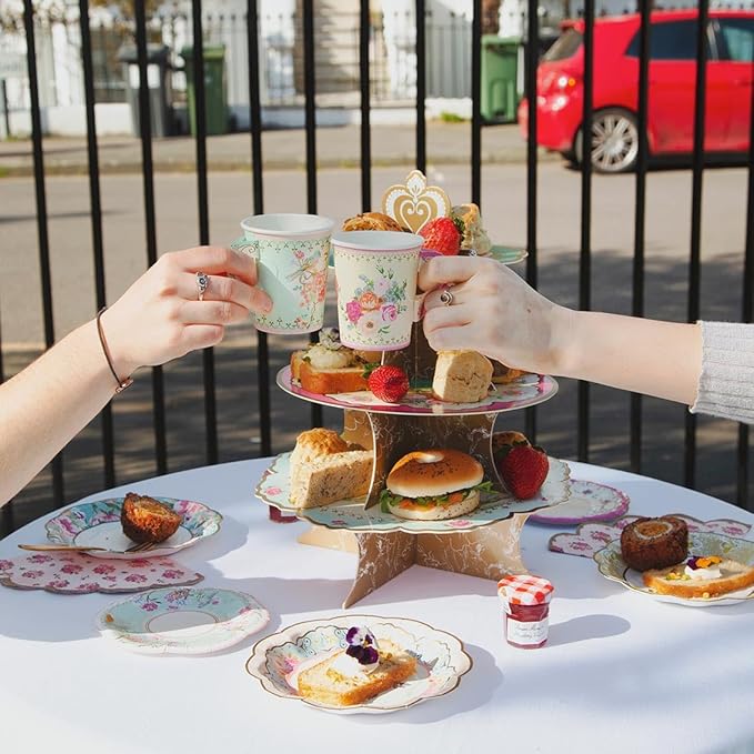 Talking Tables 50pcs Floral Tea Party Decorations for Mother's Day Decorations for 16 Guests, Disposable Tableware Set, Paper Plates, Teacups, Napkins & Bunting for Bridgerton Birthday Decor