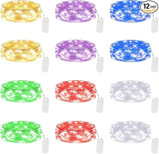 Lakumu 12-Pack Fairy Lights, 7FT 20 LED Battery Operated String Lights, Waterproof Silver Wire Firefly Lights with 6 Colors, for Mason Jars DIY Bedroom Wedding Party Centerpiece Table Decor