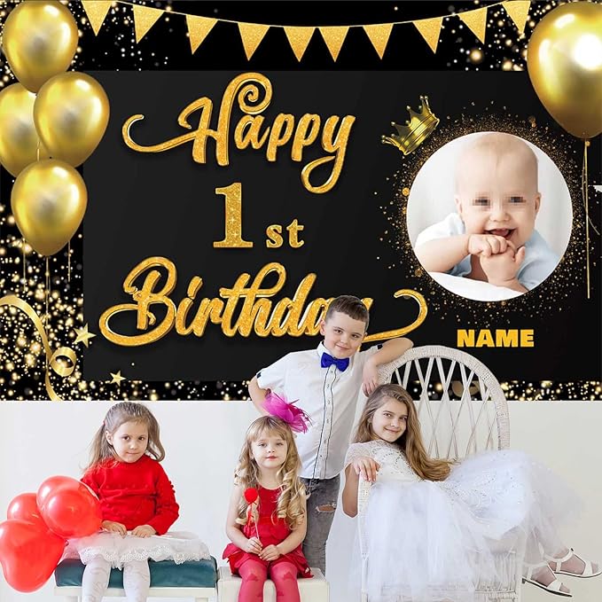Custom Happy 1st Birthday Decorations Banner -1 Years Old Backdrop forwomenmen Boys Girls - Personalization Party Supplies Black and Gold, 4x6ft/5x7.5ft/6x9ft/7x10.5ft/8x12ft