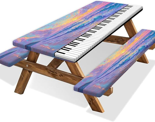 Piano Keyboard Picnic Table Cover with Bench Covers, Camping Essentials, Beach Seaside Sunset Purple Waterproof Windproof, Fitted Tablecloth Cover with Elastic Edge for Outdoor Garden 3 PCS 30x60 Inch