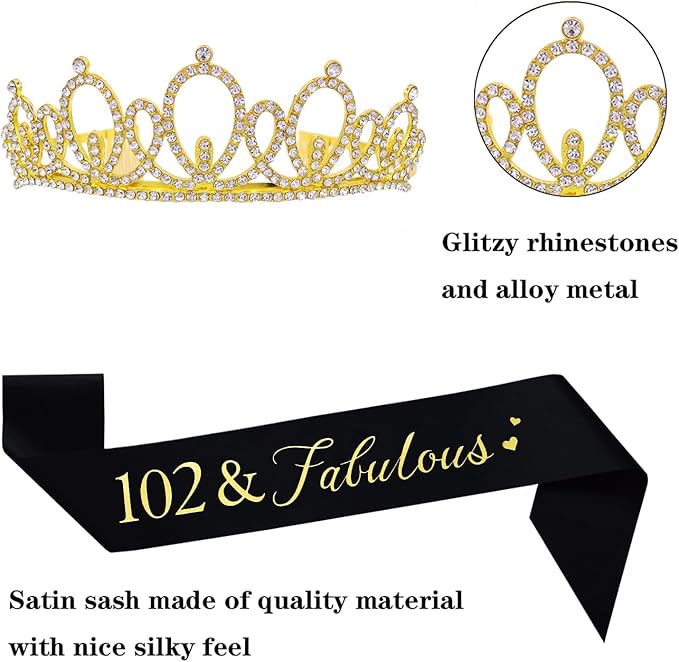 Mayin Happy 102nd Birthday Tiara and Sash Gifts Crystal Rhinestone Princess Crown Birthday Women Party Favor Supplies Gold Crowns Black Sash