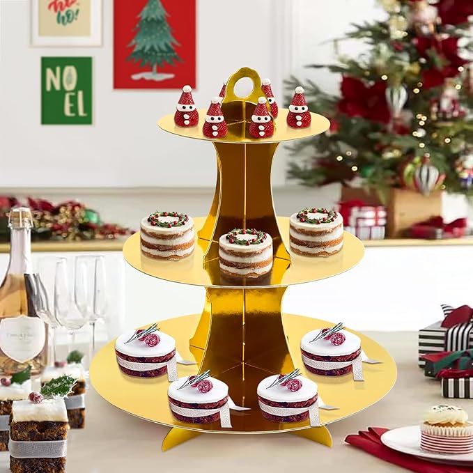 Soleebee 3-Tier Round Cupcake Stand, Cardboard Cupcake Tower, Dessert Cup Cake Stand Tower for Birthday Wedding Party Decoration, Cupcake Tier Stand 2 Set (Gold)