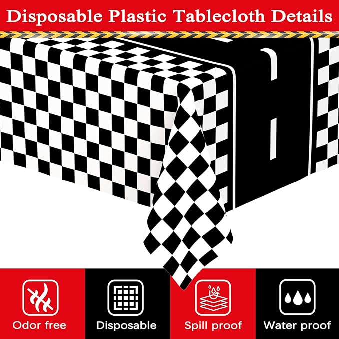 WNINK 4 Pack Race Car Table Cloth Black and White Gingham Tablecloths Disposable Plastic Buffalo Check Tablecloth Checkered Flag Covers for Birthday, Outdoor Picnic, Birthday, Camping 54 × 108 Inch