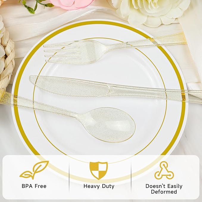 100 Pack Pre Rolled Gold Glitter Plastic Silverware Set, Heavy Duty Disposable Cutlery with 100 Forks, 100 Knives, 100 Spoons and Napkins, Wrapped Utensils for Parties Weddings Events