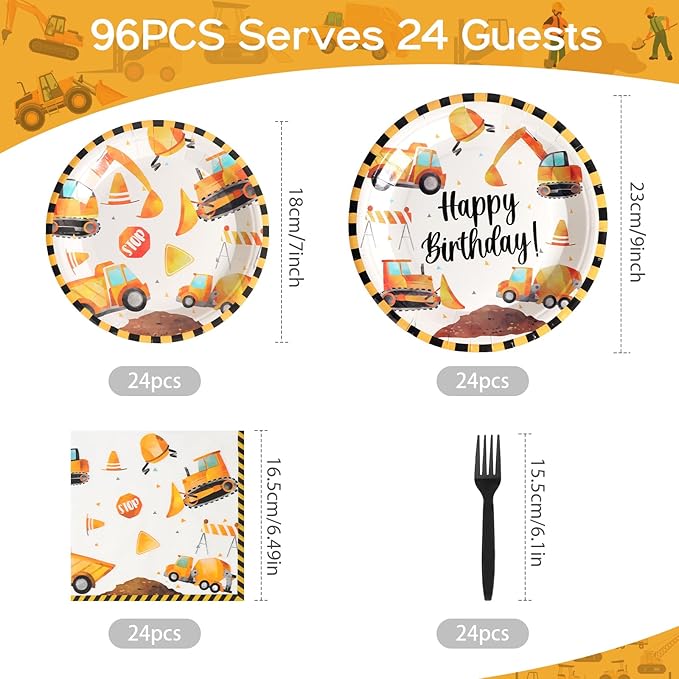 96Pcs Construction Birthday Party Supplies Construction Truck Paper Plates and Napkins and Cups Baby Shower Kids Birthday Party Decorations, Serves 24
