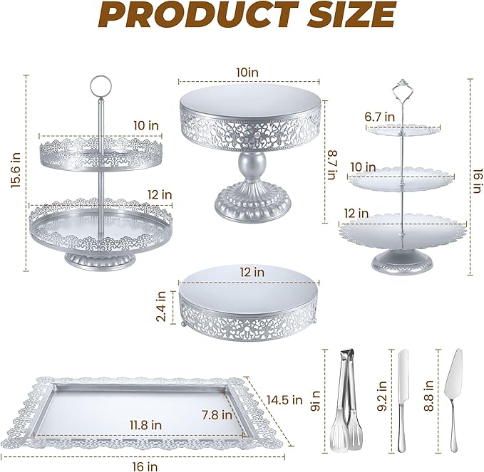 Silver Cake Stand Sets, Metal Dessert Table Display Tiered Cupcake Holder Food Fruit Donut Plate Serving Tower Tray Platter With Tong, Cake Knife and Server Set For Wedding Birthday Party Decor 11PCS