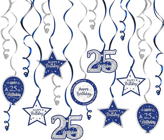 Happy 25th Birthday Blue & Silver Glitter Swirls Streamers Party Decorations - 15 Pcs 25th Birthday Hanging Swirls Streamers Kit,Perfect for 25th Bday Party Sign.