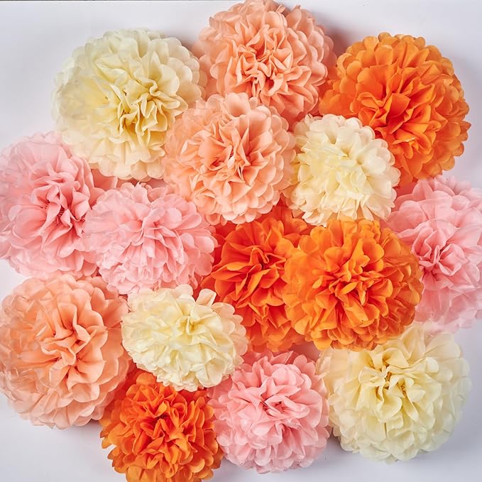 15Pcs Tissue Pom Poms Pink Orange Paper Flowers Hanging Decorations Orange Pink Flower Ball for Baby Shower Wedding Nursery Birthday Party Backdrop Home Outdoor