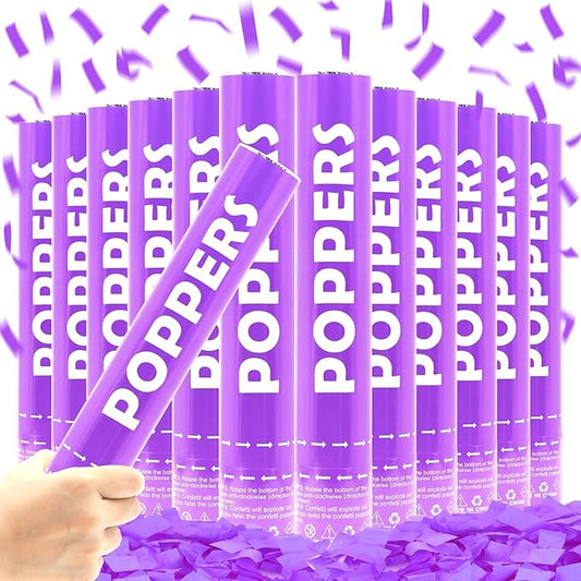 Confetti Cannon 12Pack Purple Party Popper Shooters 12 Inch Confftti Poppers for Wedding Birthday Graduation Christmas New Year Eve Party Supply Launches 20-25ft